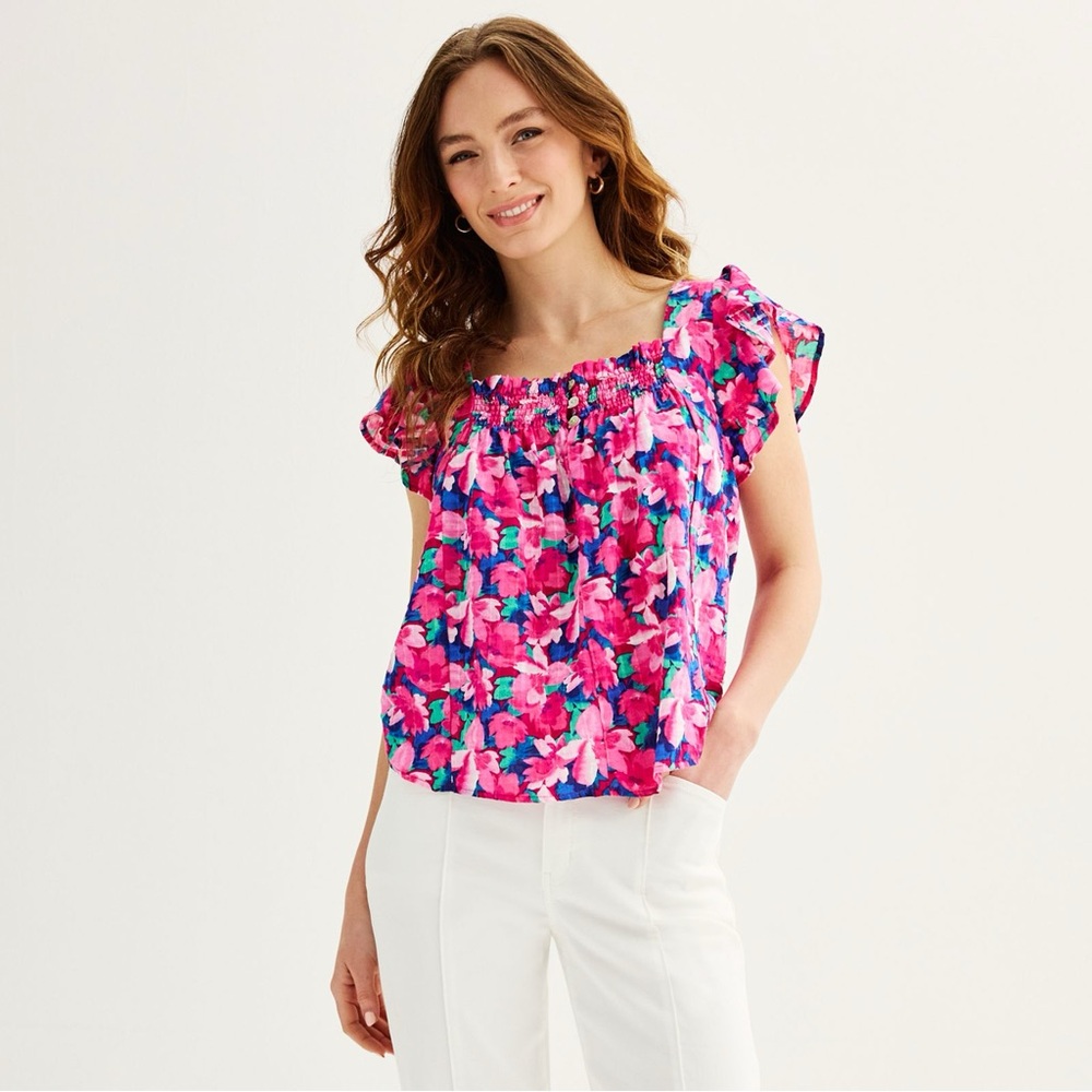 Draper James RSVP Floral Print Flutter Sleeve Squareneck Top Fuschia Pink